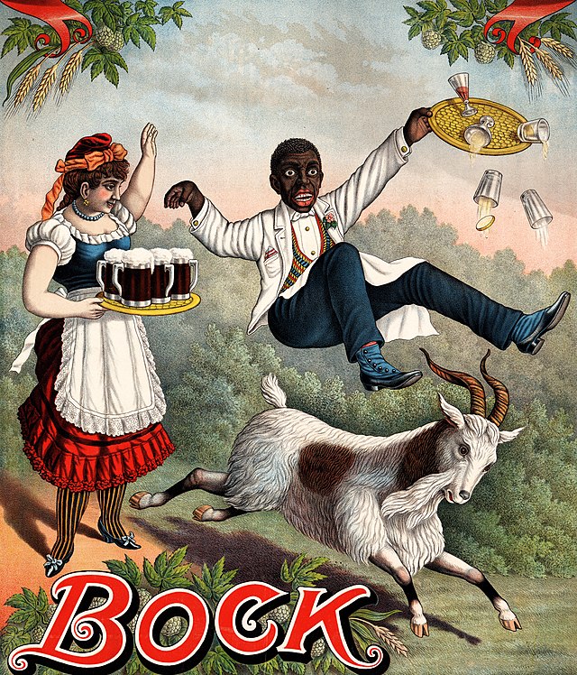Stock poster for Bock beer, showing a waitress with a tray of beer mugs exclaiming, as a billy goat, the symbol of bock beer, upsets a waiter and his tray of drinks