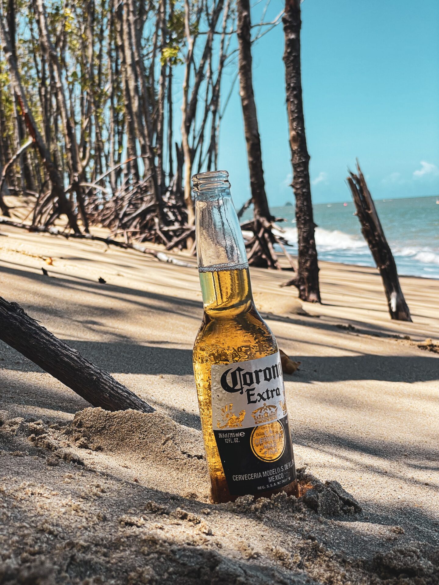 a bottle of corona extra stands on the beach on the sand